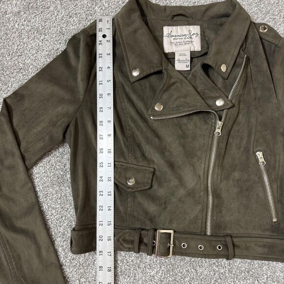 American Rag Cie Jacket Womens Medium Green Faux Suede Moto Belted Biker Cropped - Picture 14 of 14
